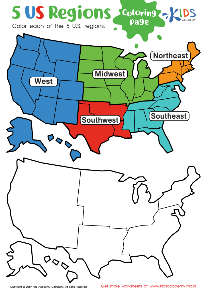 US Regions Coloring Page Worksheet for kids