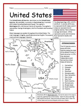 United States Printable Worksheet with map and flag
