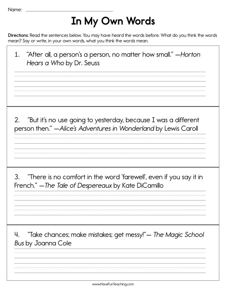 use your own words worksheet