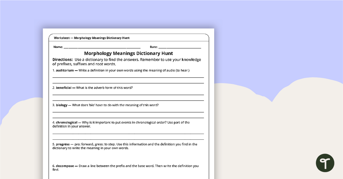 Prefixes, Suffixes and Roots - Dictionary Hunt Worksheet | Teach ...
