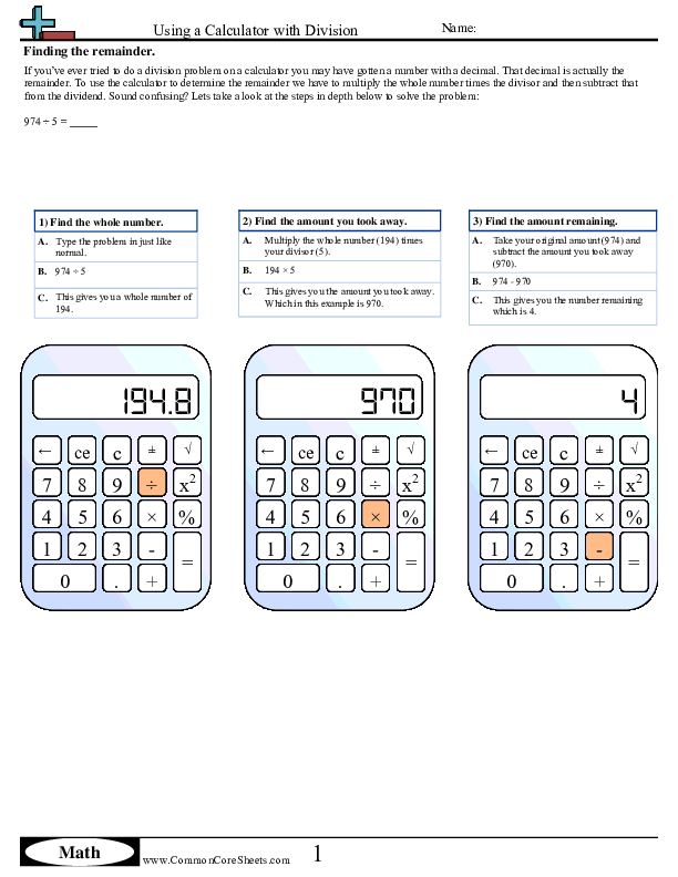 Addition and Subtraction to 20 Using a Calculator Worksheet