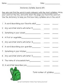 Dictionary Skills Worksheets with a Syllable Search - Use for ...