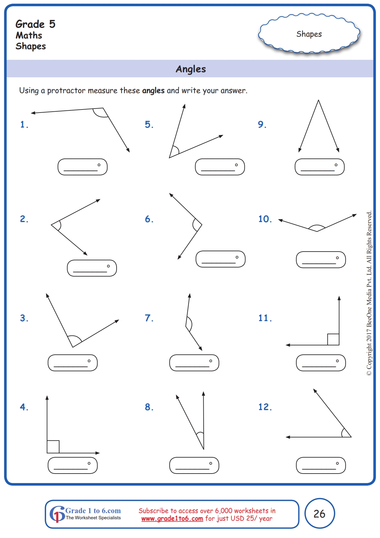 Measuring angles using a Protractor Worksheets|Grade 5