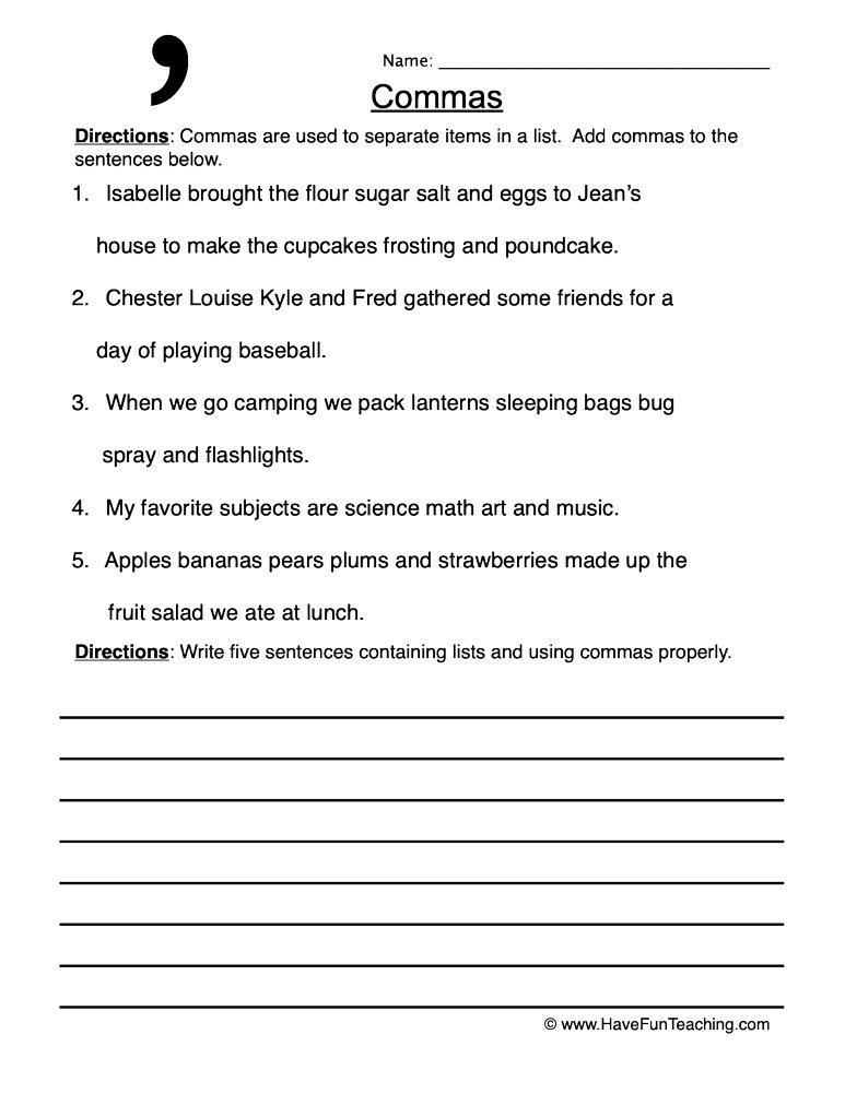 Adding Commas in a Series Worksheet  