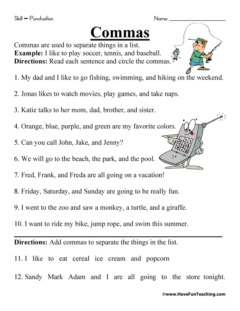Commas in a List Worksheet  