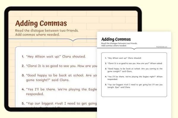 Comma Worksheet | L.5.2.A,L.5.2.B,L.5.2.C | Workybooks