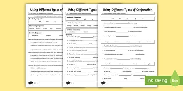 Different Types of Conjunction Worksheets - Teacher-made