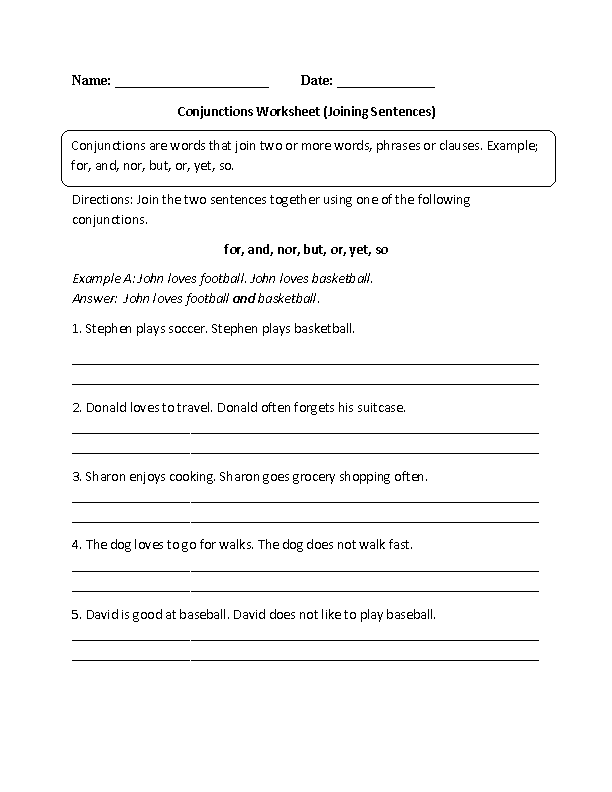 Conjunctions Worksheets | Conjunctions Worksheet Joining Sentences