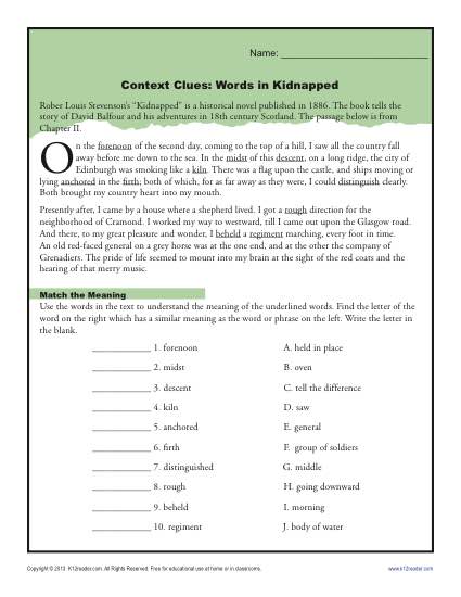 Context Clues Worksheets for 4th and 5th Grade | Kidnapped Book