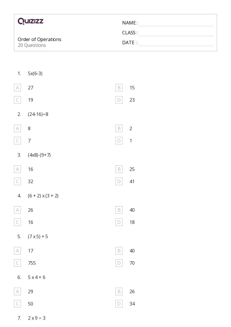using order of operations worksheet