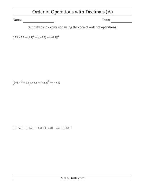 using pemdas fact drill printables
