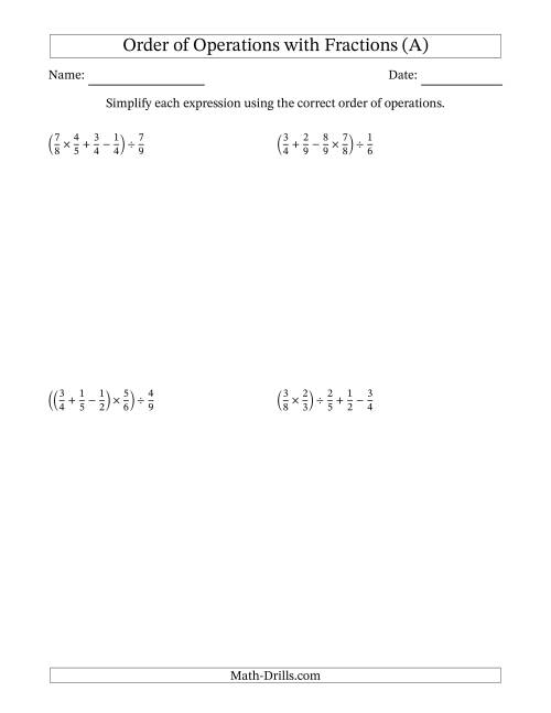 Order of Operations with Positive Fractions and No Exponents (Four ...
