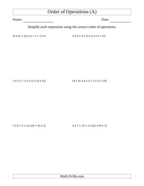 Order of Operations with Whole Numbers Multiplication and Addition ...