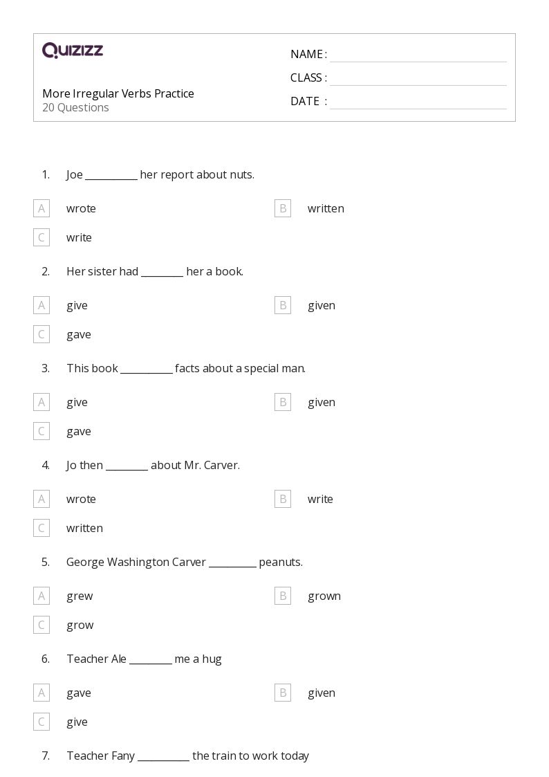 50+ Irregular Verbs worksheets for 2nd Grade on Quizizz | Free ...