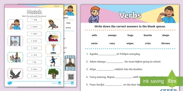 Printable Verbs Worksheet Year 1 KSSR (teacher made)