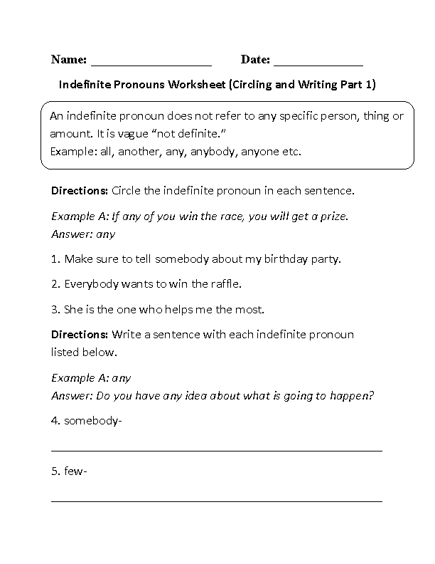 Indefinite Pronouns Worksheets | Circling or Writing Indefinite ...