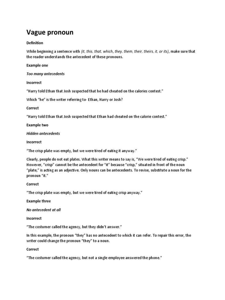 Vague Pronoun Too Many Antecedents PDF Grammatical Number