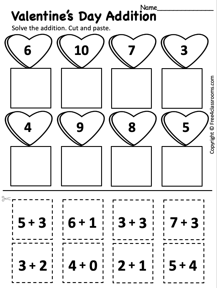valentine addition and subtraction worksheet