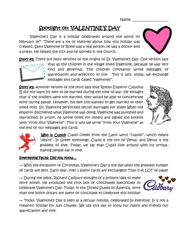 valentine day reading comprehension worksheet