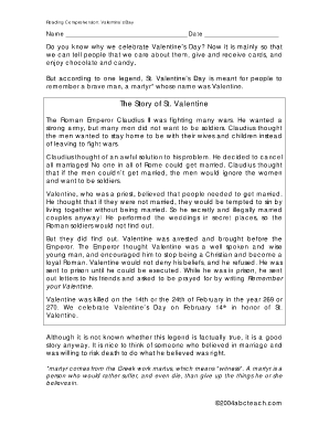 valentine day reading comprehension worksheet