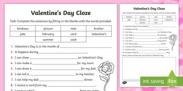 Valentines Worksheets | Cloze Activity | Primary Resource