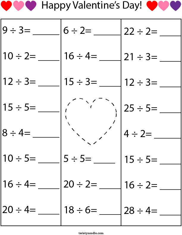 Valentines Day Division Math Worksheet - Twisty Noodle
