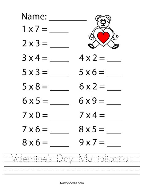 Valentines Day Multiplication Worksheet - Twisty Noodle