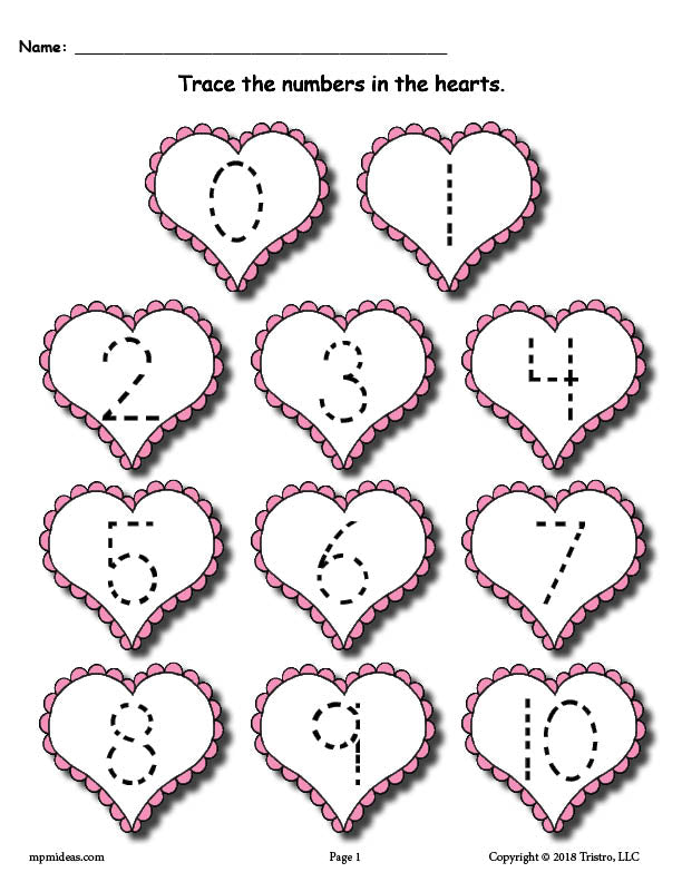 Printable Valentines Day Number Tracing Worksheets 0-20!