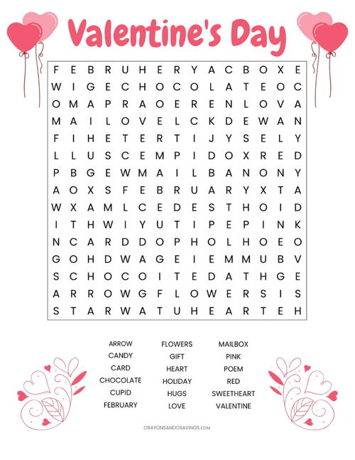 Valentines Day Word Search Printable Worksheet | AllFreeKidsCrafts.com