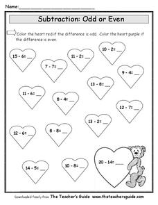 Subtraction Odd or Even Valentines Day Worksheet for 2nd - 3rd ...