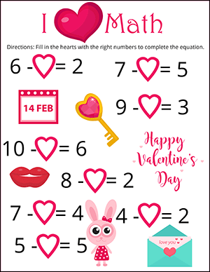 valentine subtraction worksheet for