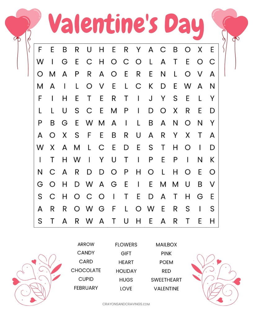 Valentines Day Word Search Printable Worksheet | AllFreeKidsCrafts.com