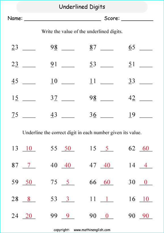 value of a digit worksheet