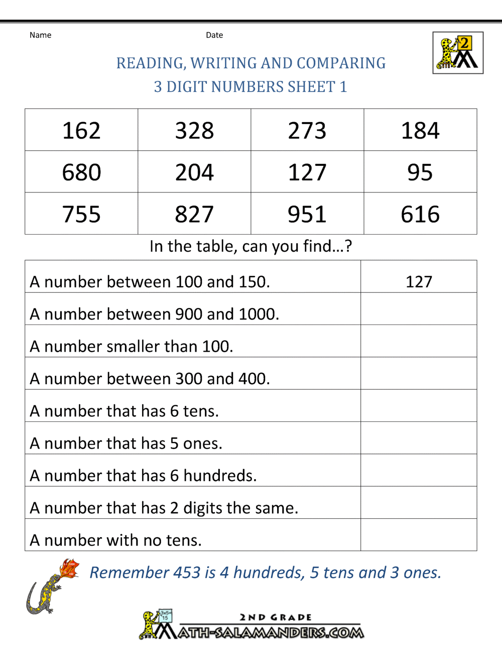 Free Place Value Worksheets - Reading and Writing 3 digit numbers
