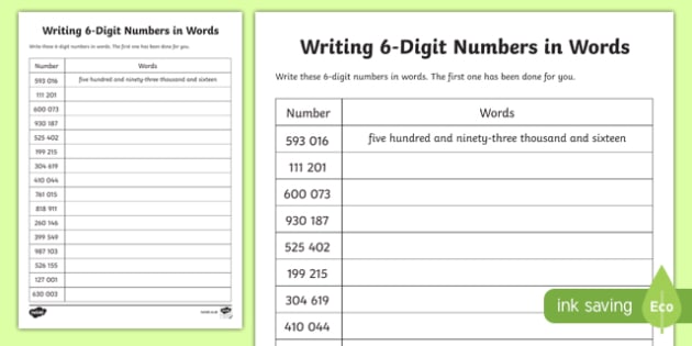 value of digit worksheet