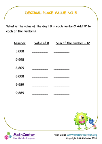 value of numbers worksheet