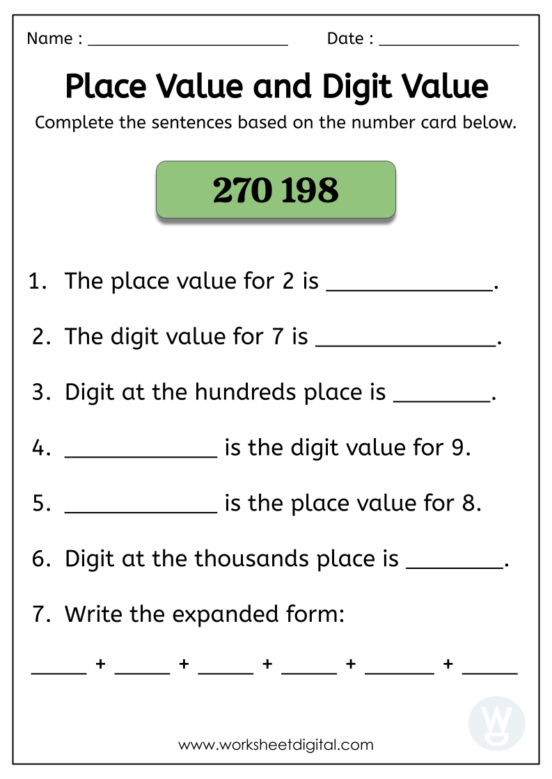 value of numbers worksheet