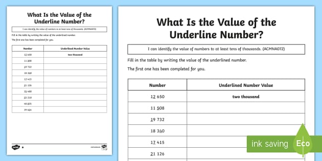 value of underlined digit worksheet