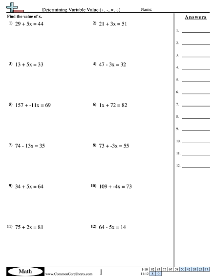 value of x worksheet