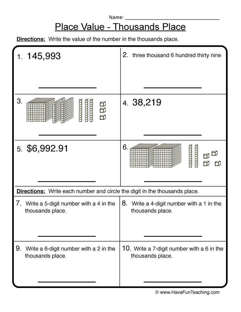 Thousands Place Value Worksheet  