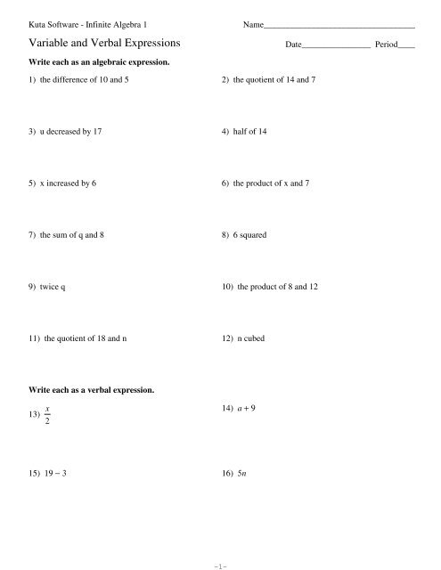 variable and verbal expressions worksheet
