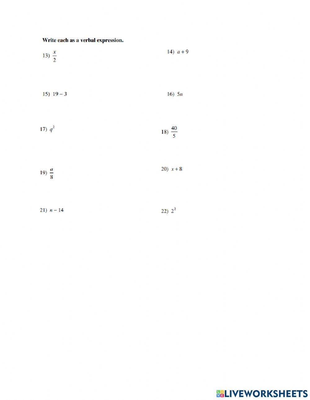 Variable and Verbal Expressions worksheet  