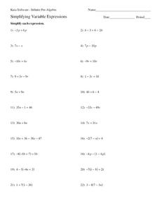 Simplifying Variable Expressions Worksheet for 6th - 8th Grade ...