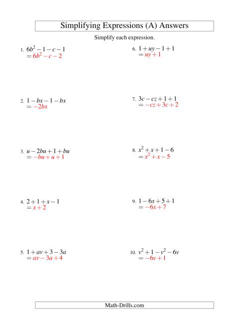 Algebraic Expressions Worksheets Simplifying Variables Worksheets ...