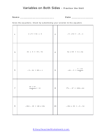 Variables on Both Sides Worksheets