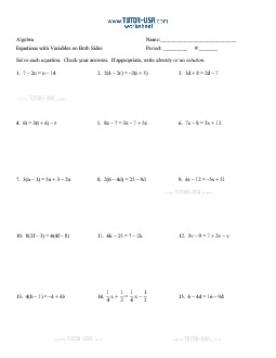 Worksheet: Equations - Solving Equations with Variable on Both ...