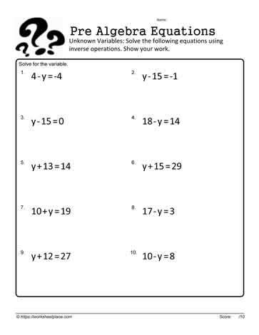 Equations Unknown Variables Worksheets