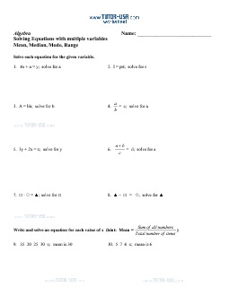 Worksheet: Equations - Solve Equations for a Given Variable - Mean ...