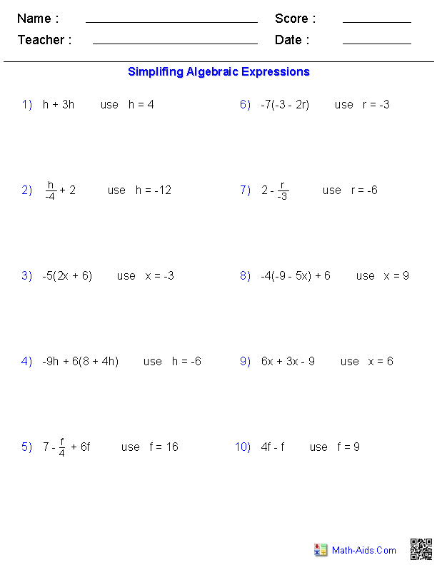 Pre-Algebra Worksheets | Algebraic Expressions Worksheets