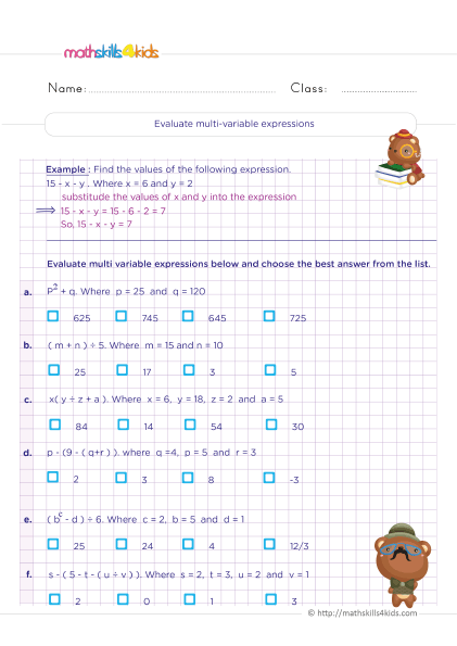 Grade 5 algebraic expressions up to 2 variables worksheets